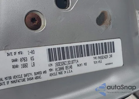 2003 Dodge Neon Se z USA, uszkodzony, nr VIN 1B3ES26C13D187714